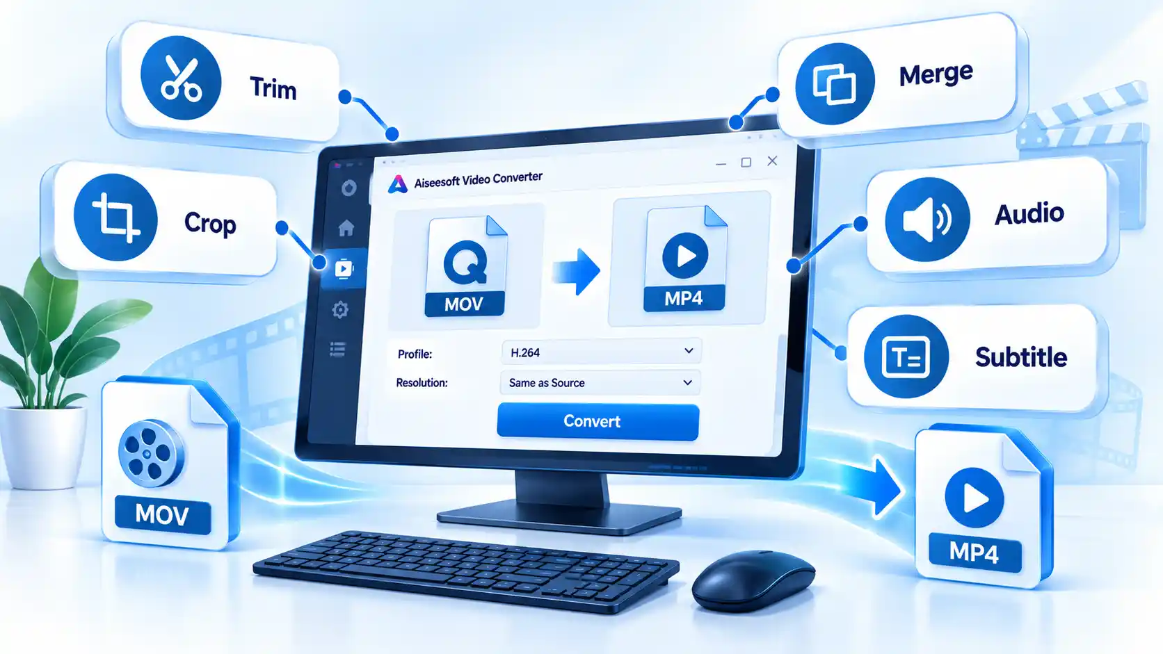 Aiseesoft converter showing MOV to MP4 with Trim, Crop, Merge, Audio, and Subtitle tool cards.