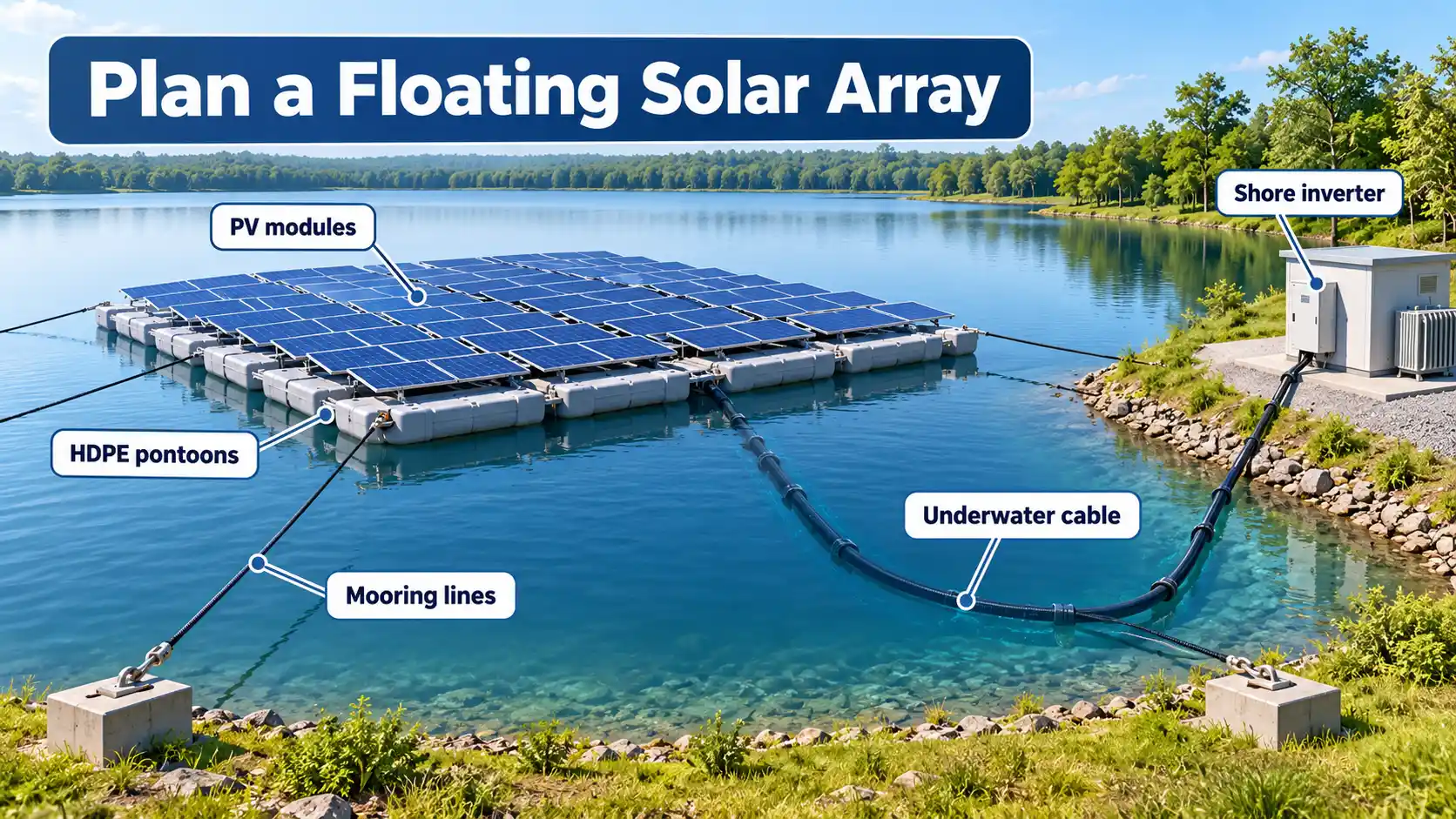 Floating solar panels on HDPE pontoons with labeled mooring lines, underwater cable, and shore inverter beside a calm lake.
