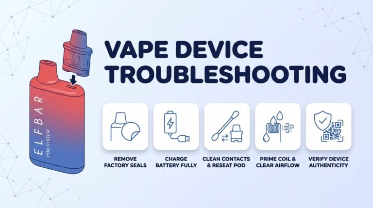 Vape Device Troubleshooting illustration showing an Elf Bar pod system device and five fix steps: Remove Factory Seals, Charge Battery Fully, Clean Contacts and Reseat Pod, Prime Coil and Clear Airflow, and Verify Device Authenticity.