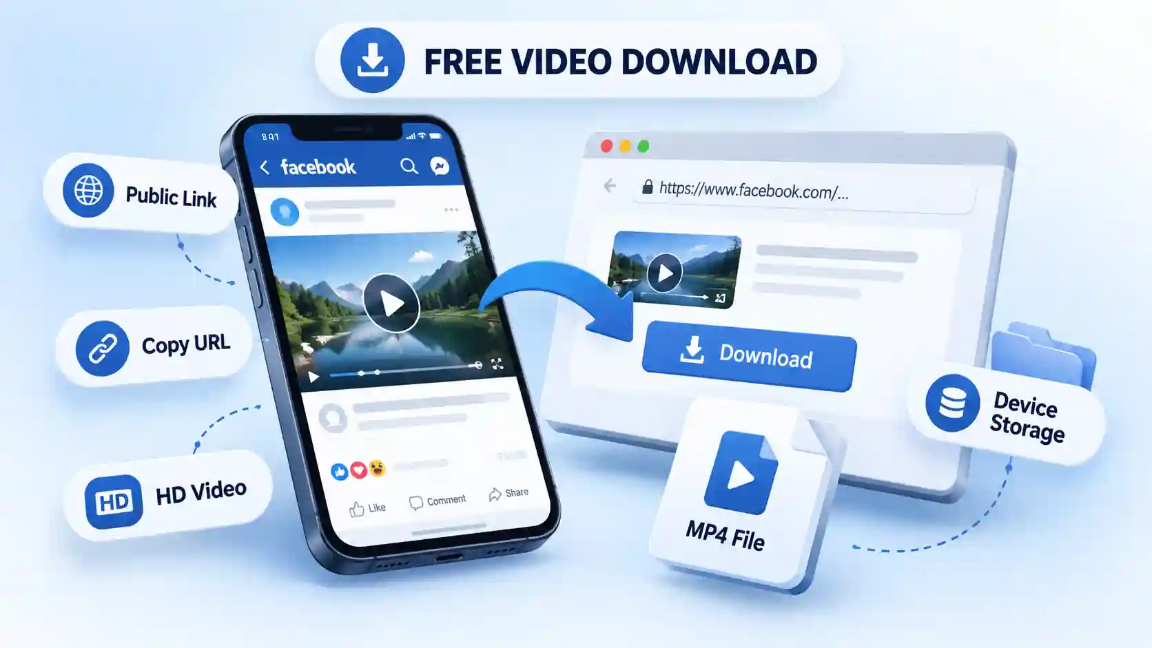Facebook video on a smartphone transfers through a browser download panel to an MP4 file and device storage.