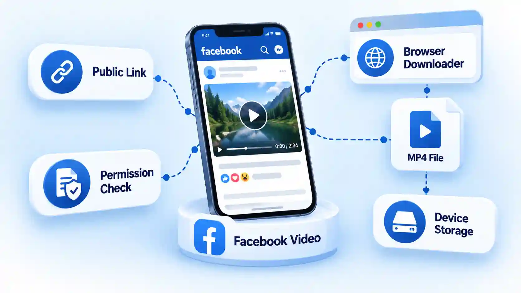 Facebook video phone connects to Public Link, Permission Check, Browser Downloader, MP4 File, and Device Storage.