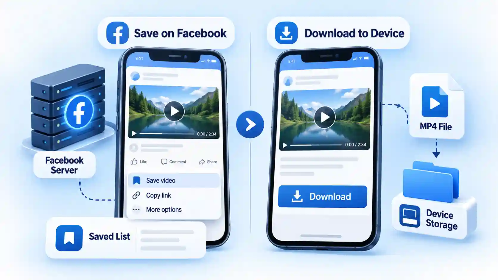 Save on Facebook and Download to Device phones compare Saved List, Facebook Server, MP4 File, and Device Storage.