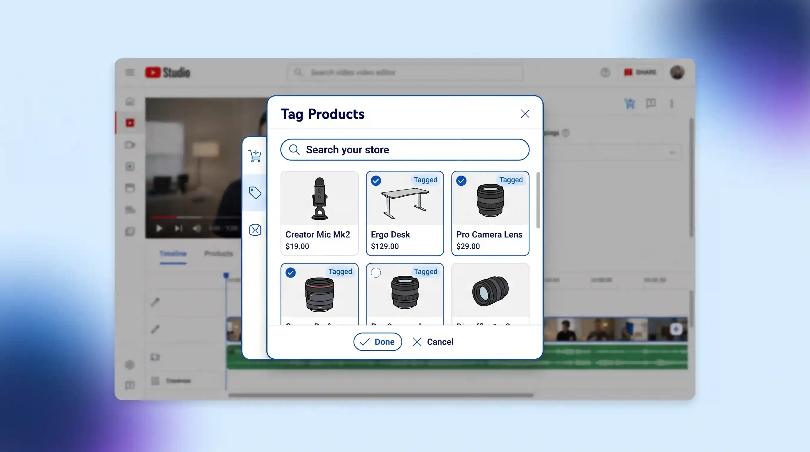 YouTube Studio video editor screenshot displaying the native YouTube Shopping product tagging modal with several store items tagged.