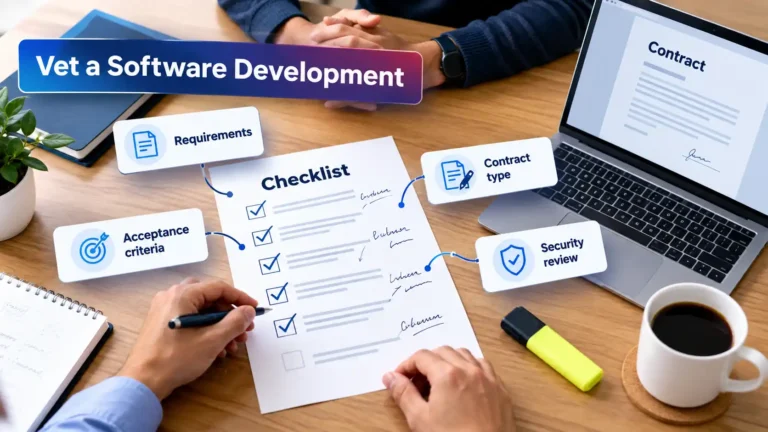 Overhead view of a software development vetting checklist, contract laptop, and four review criteria cards.