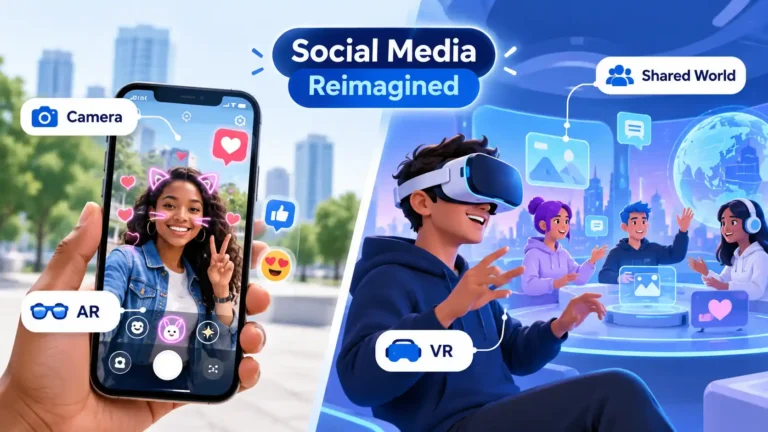 AR camera effects beside a VR headset and avatars in a Shared World, labeled AR, VR, Camera, and Shared World