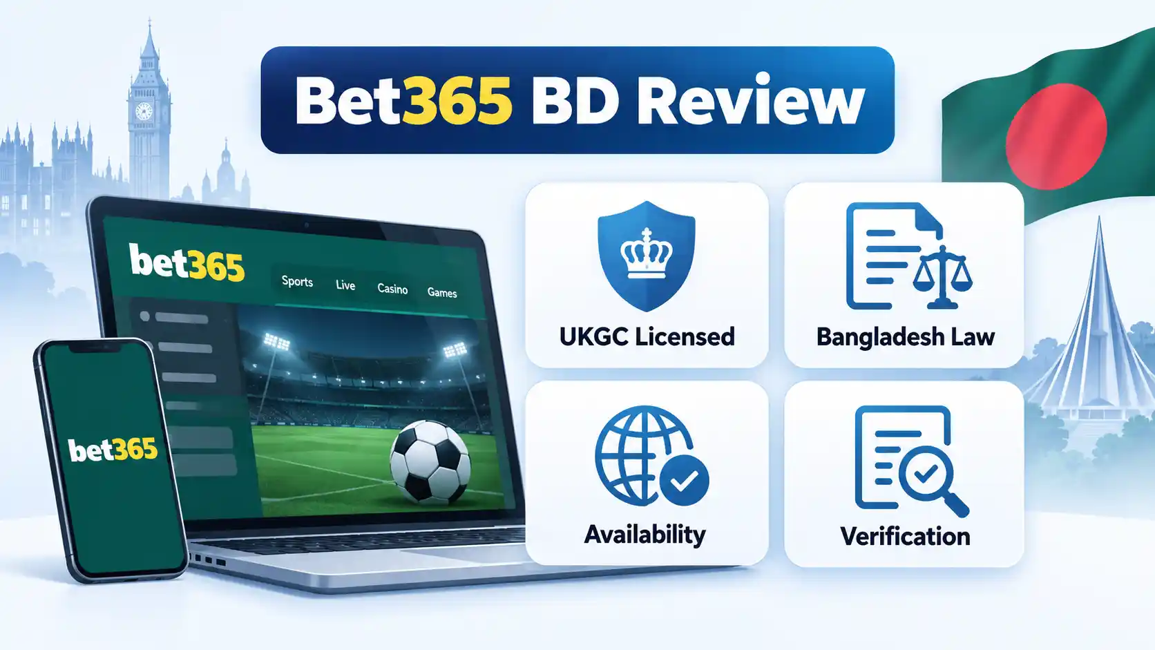 Bet365 BD Review dashboard with UKGC Licensed, Bangladesh Law, Availability and Verification cards.