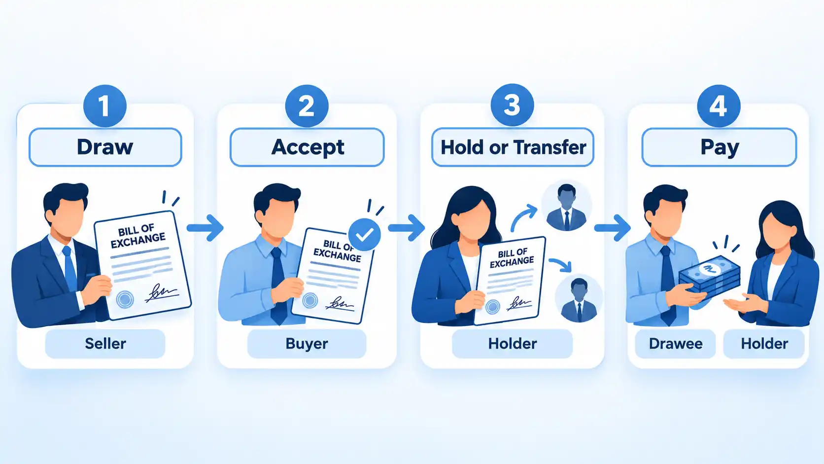 Four-step bill process showing Draw, Accept, Hold or Transfer, and Pay with seller, buyer and holder.