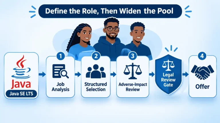 Java SE LTS icon and four hiring stages from Job Analysis to Offer, with a Legal Review Gate before the offer.