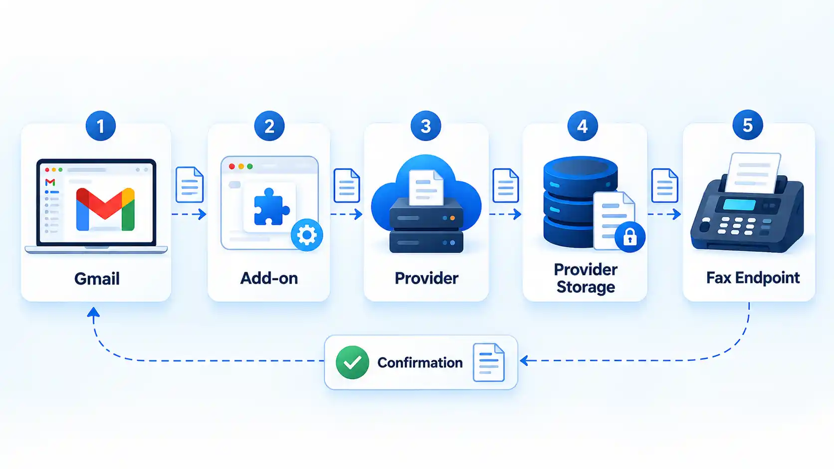 Five-step Gmail fax flow through Add-on, Provider, Provider Storage, and Fax Endpoint with a Confirmation return path.