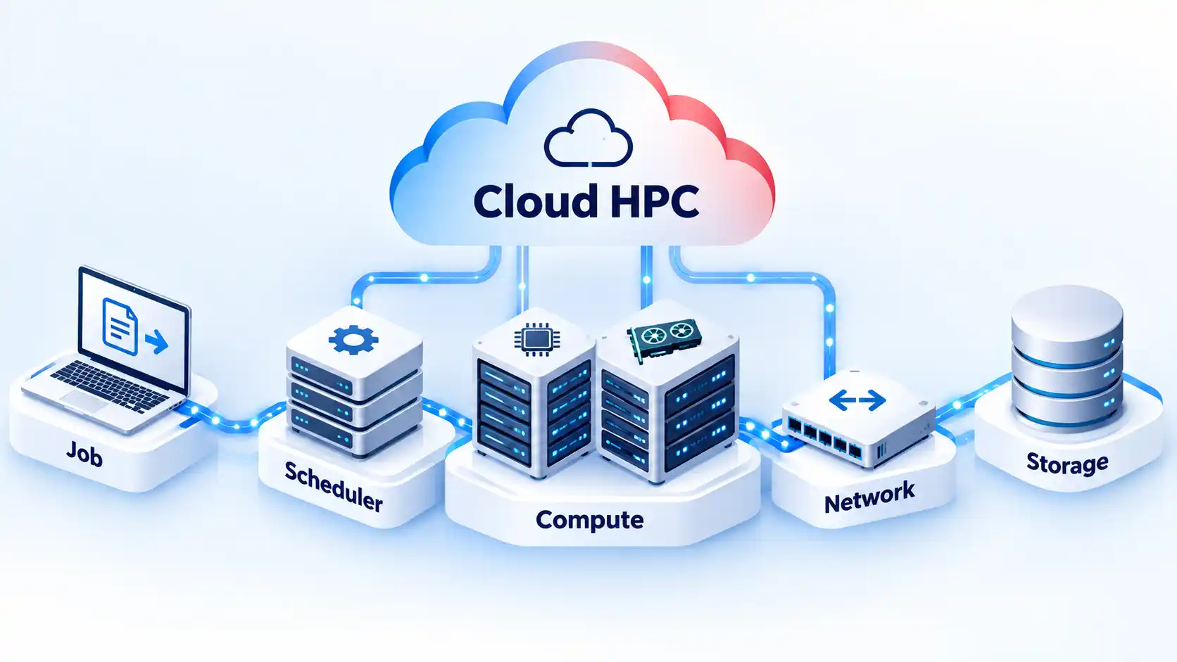 Cloud HPC architecture linking Job, Scheduler, CPU/GPU Compute, Network, and Storage nodes.