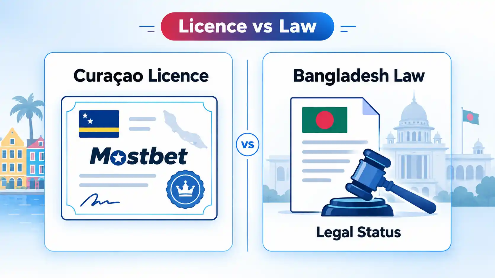 Mostbet Curaçao licence shown beside Bangladesh Law with a gavel and Legal Status label.