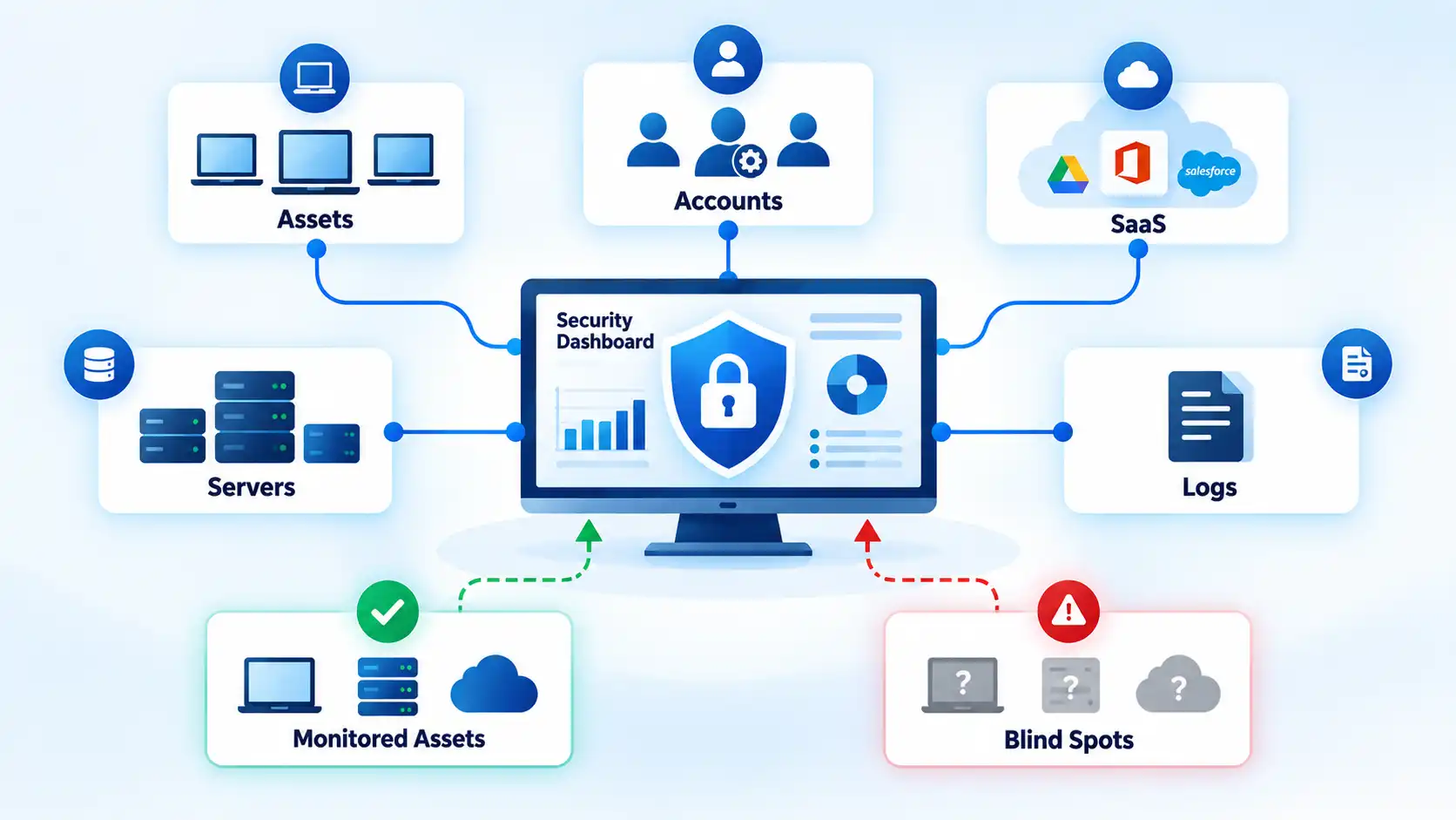 Security dashboard connects Assets, Accounts, SaaS, Servers and Logs while contrasting monitored assets with Blind Spots.