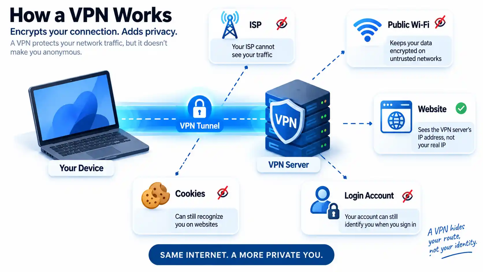 Laptop connected through a VPN server with ISP, public Wi-Fi, website, cookies, and login account nodes.