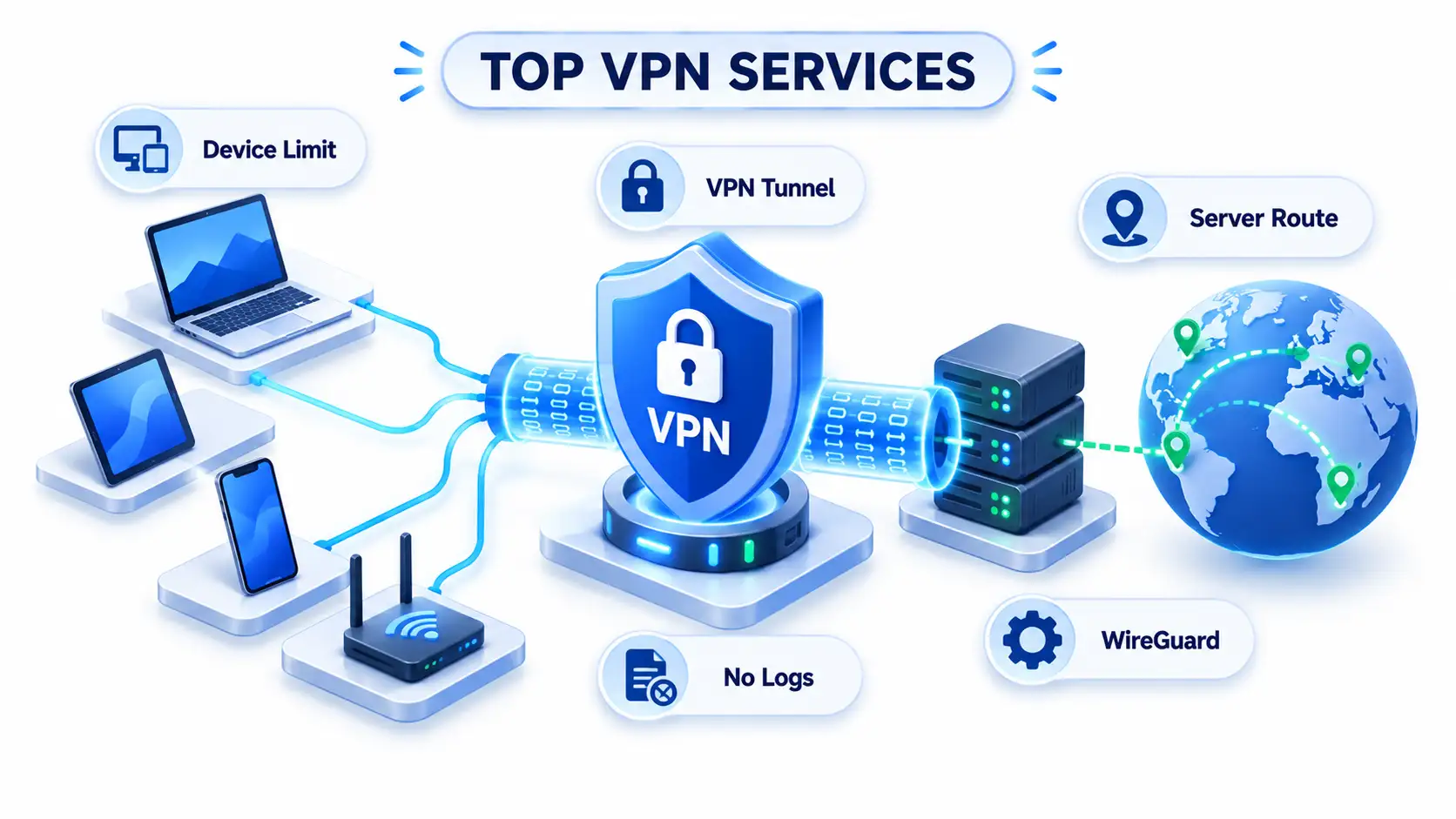Isometric VPN hub links devices to servers with VPN Tunnel, Device Limit, No Logs, WireGuard, and Server Route.