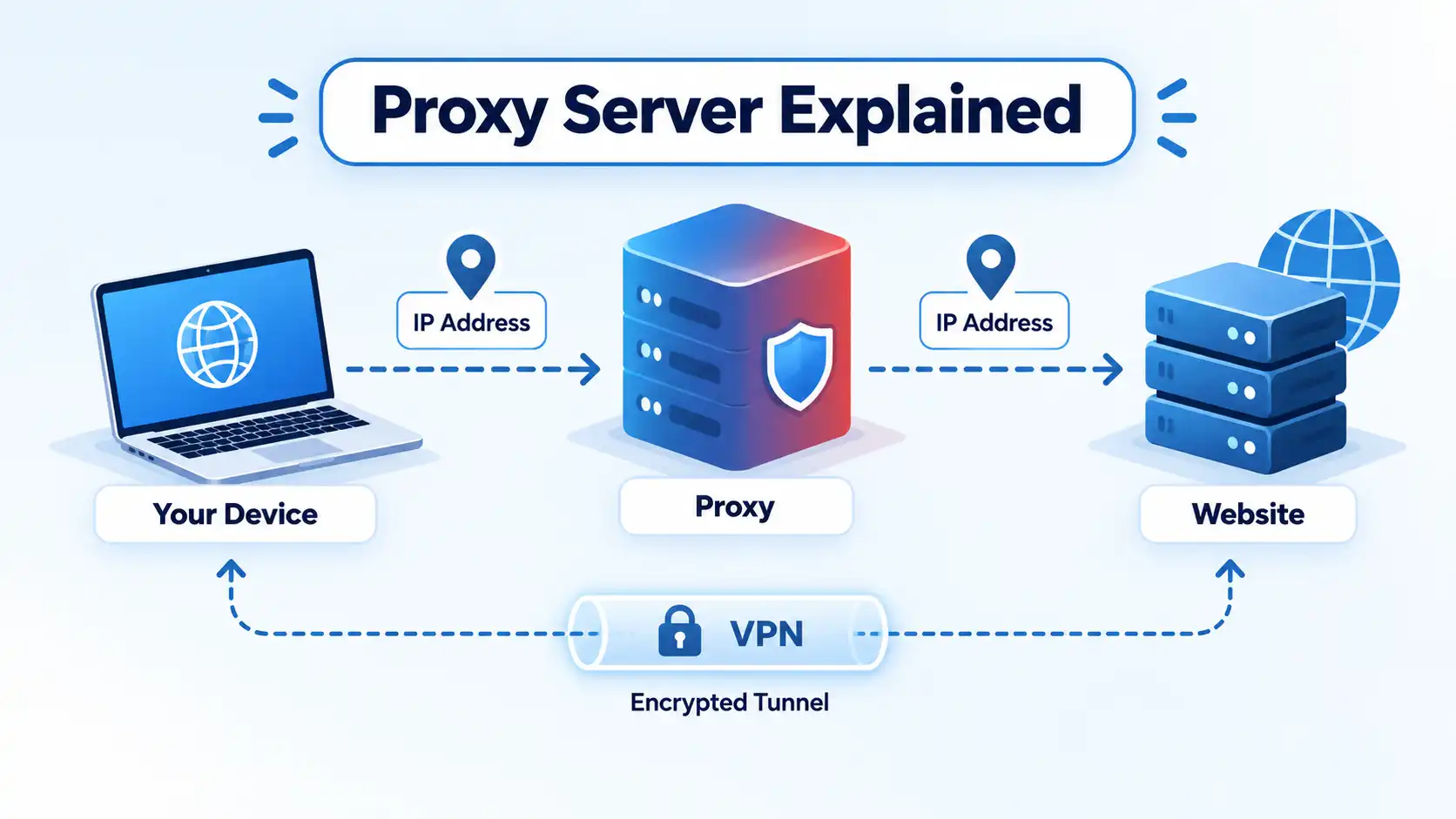 Proxy Server Explained showing Your Device, Proxy, Website, IP Address markers, and a VPN encrypted tunnel.