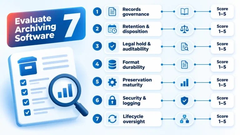 Seven archiving software evaluation criteria with numbered cards, evidence icons, and 1–5 scoring boxes.