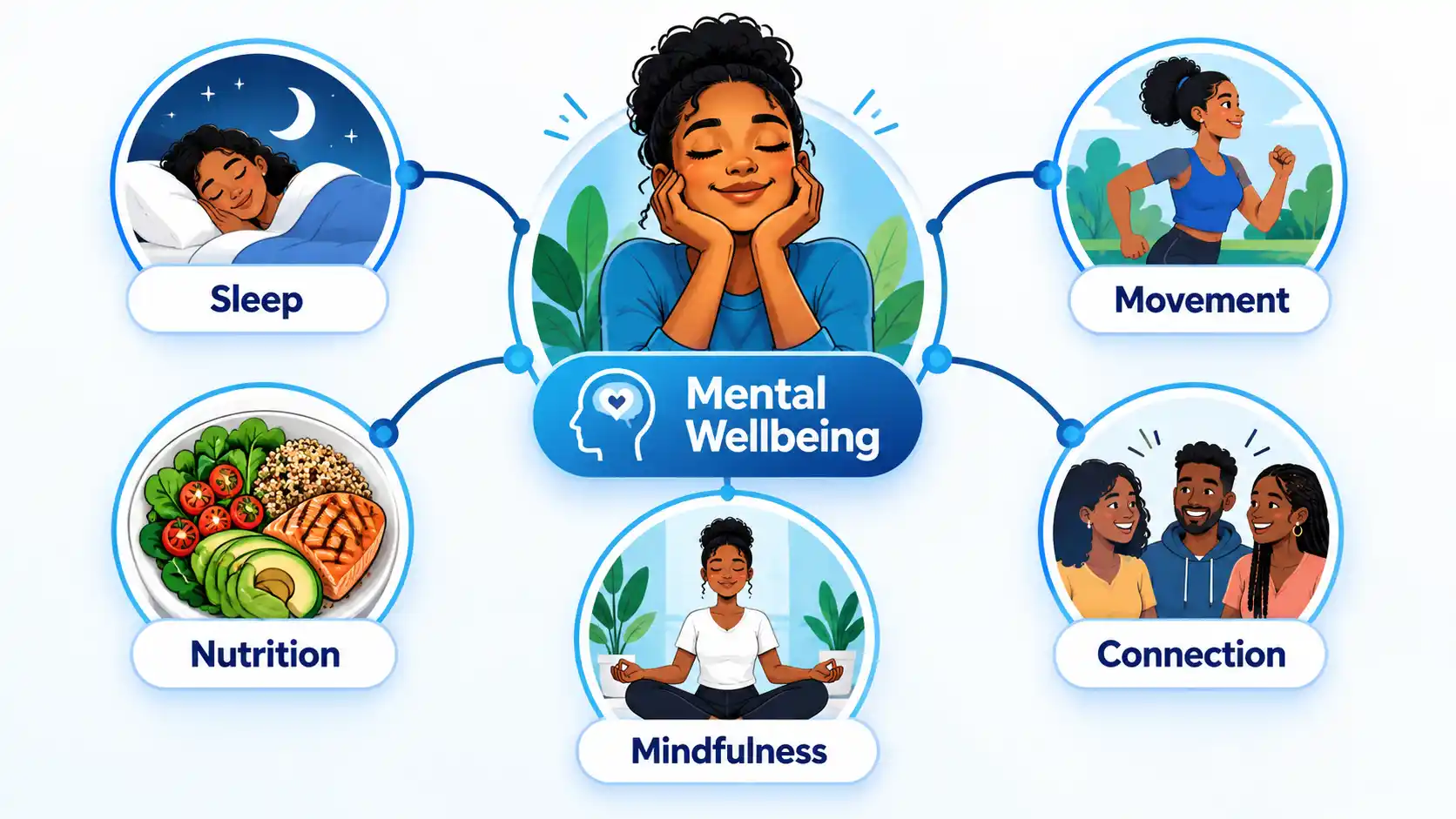 Mental Wellbeing hub linked to five illustrated habits: Sleep, Movement, Nutrition, Mindfulness, and Connection.