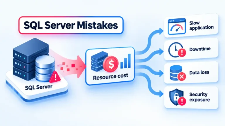 Isometric SQL Server diagram showing resource costs leading to slow applications, downtime, data loss, and security exposure.