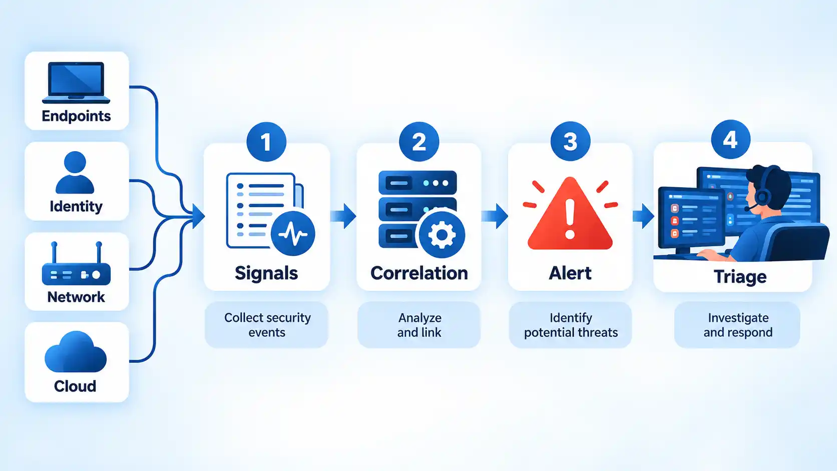 Endpoints, identity, network and cloud feed numbered Signals, Correlation, Alert and Triage stages.
