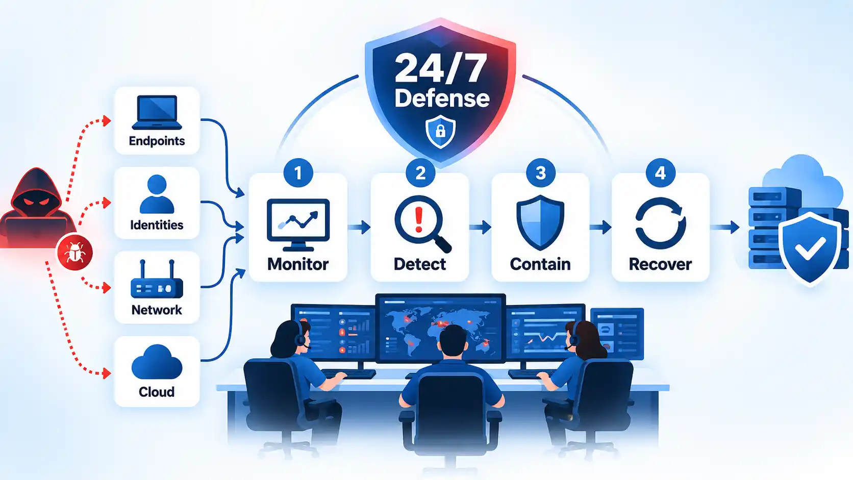 Cyber threats flow through endpoints, identities, network and cloud into four numbered 24/7 defense stages.