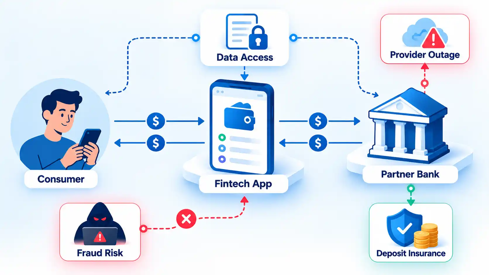 Consumer and Fintech App connect to a Partner Bank, with Data Access, Fraud Risk, outage and insurance paths.