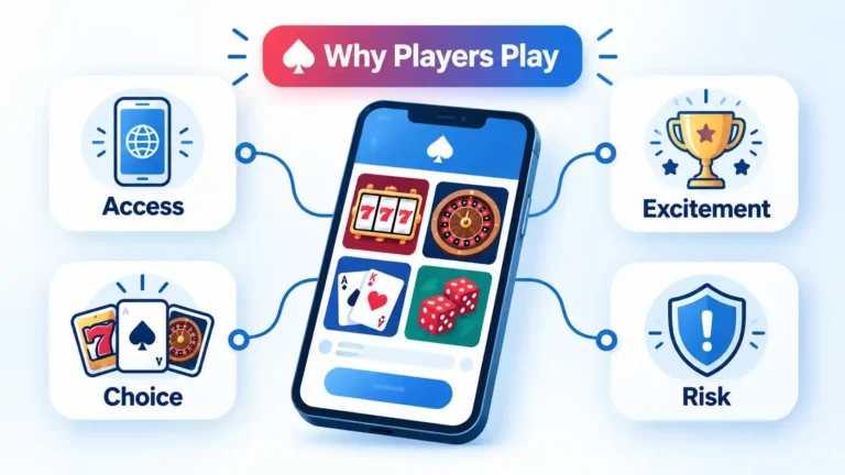 Smartphone with casino game tiles linked to Access, Choice, Excitement, and Risk cards under Why Players Play.