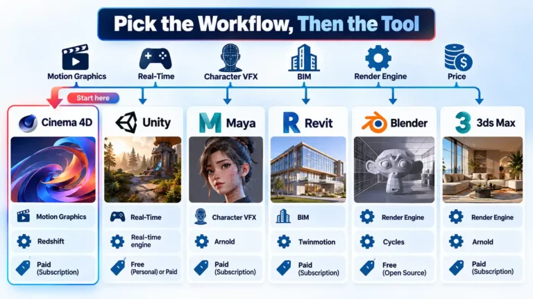 Six-column comparison of Cinema 4D, Unity, Maya, Revit, Blender, and 3ds Max with workflows, render engines, and prices.