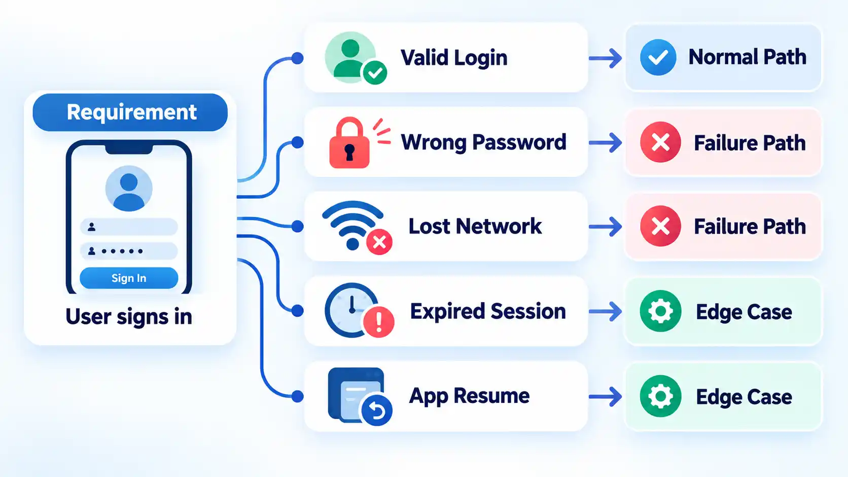 User sign-in requirement branches to Valid Login, Wrong Password, Lost Network, Expired Session and App Resume