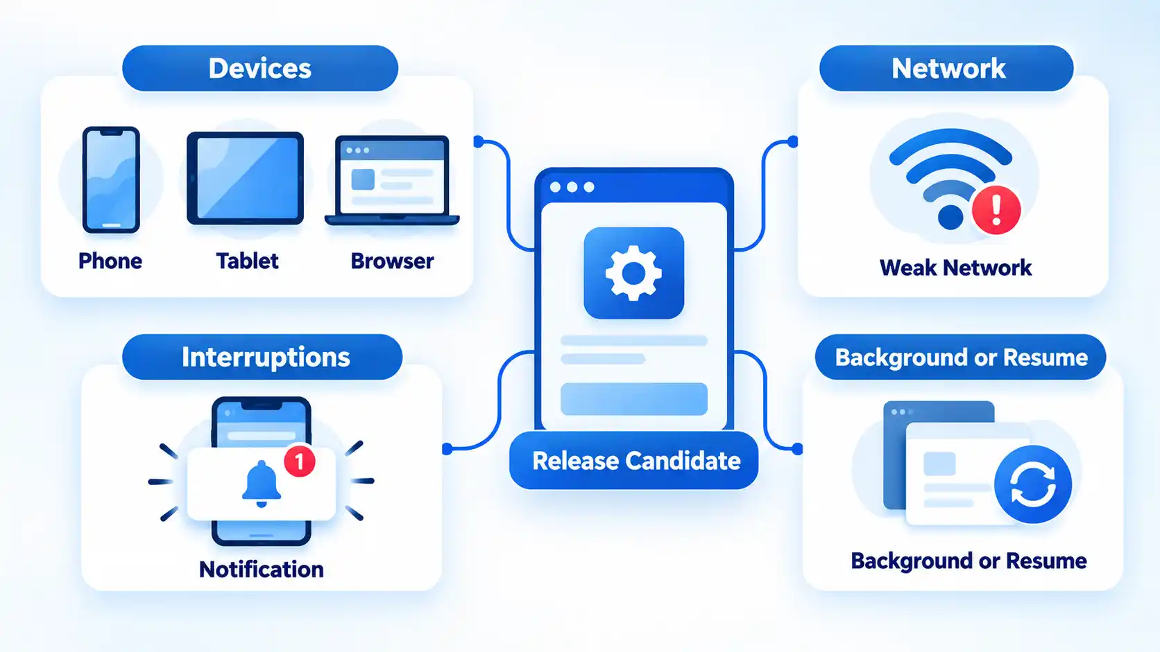Release Candidate connects to Devices, Weak Network, Notification interruption and Background or Resume conditions