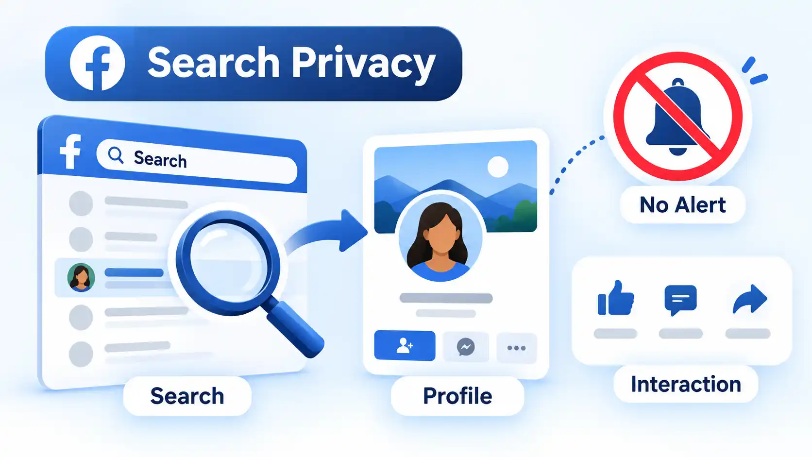 Facebook search points to a profile card with a crossed-out bell showing No Alert and Interaction options