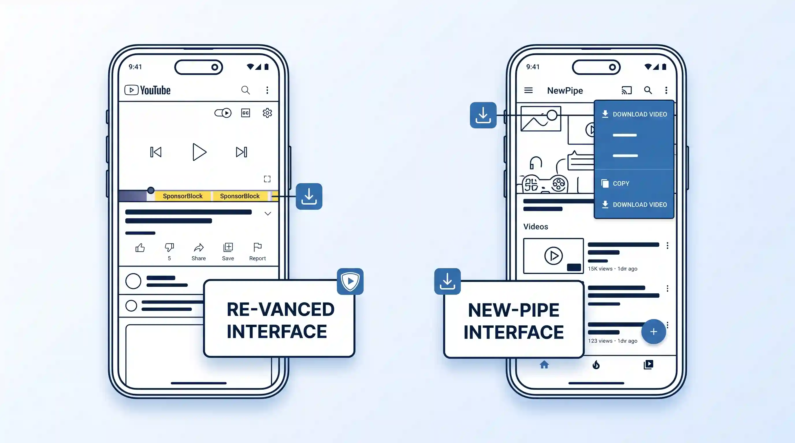 Vector side-by-side comparison. Left mobile screen shows YouTube ReVanced interface with yellow SponsorBlock segments on the seekbar. Right mobile screen shows NewPipe interface with a prominent video download menu.