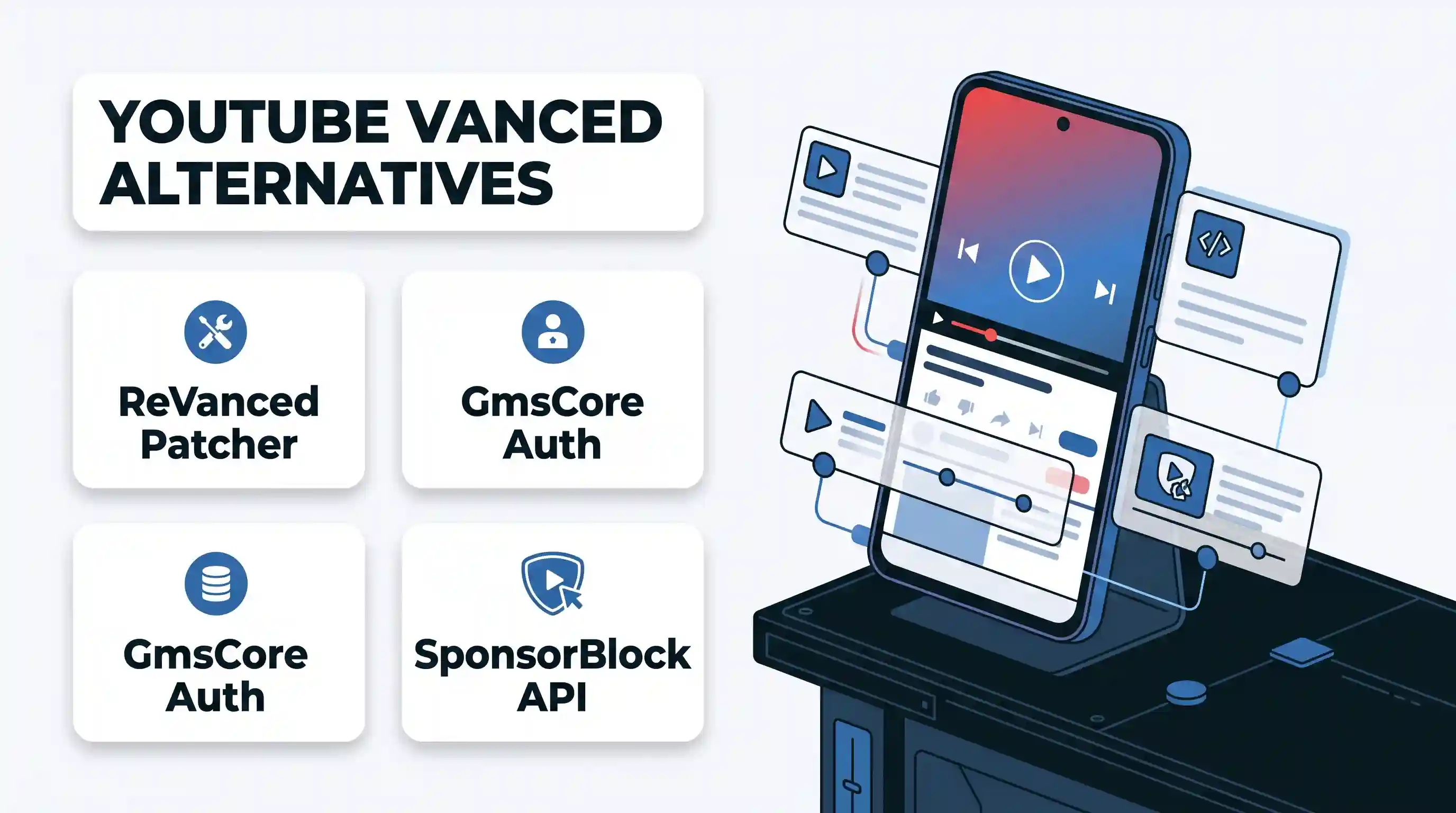 Editorial vector feature image showing a smartphone displaying a video player interface. It is surrounded by four clean white cards labeled with "ReVanced Patcher," "GmsCore Auth," "Stream Scraper," and "SponsorBlock API" using bold navy geometric sans-serif lettering. A prominent headline badge in the upper corner reads "YOUTUBE VANCED ALTERNATIVES."