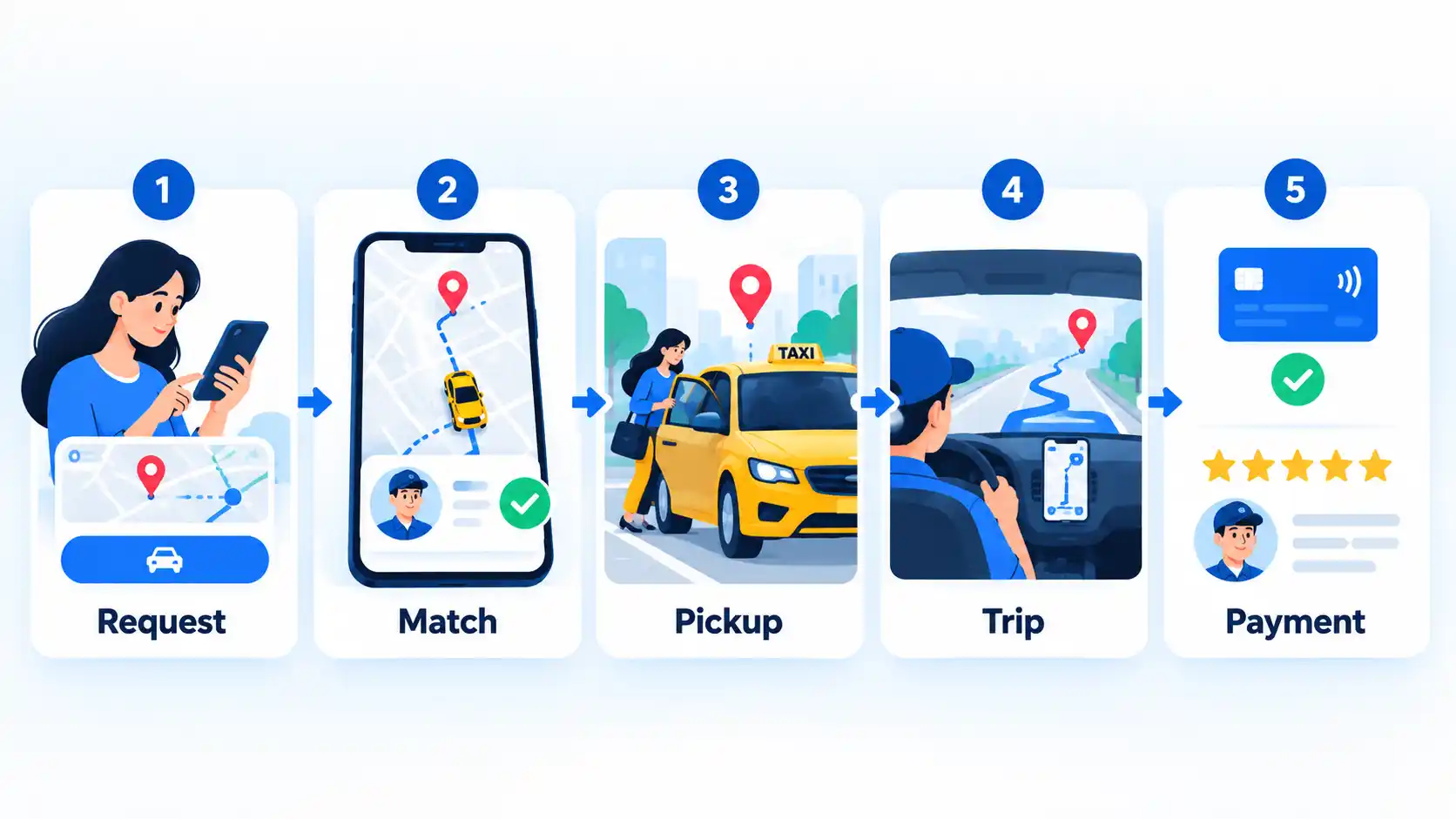 Five-step taxi ride flow labeled Request, Match, Pickup, Trip, and Payment