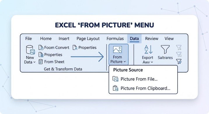 A diagram of the Excel ribbon. The Data tab is selected, highlighting the path to the 'From Picture' menu with 'Picture From File' and 'Picture From Clipboard' options.
