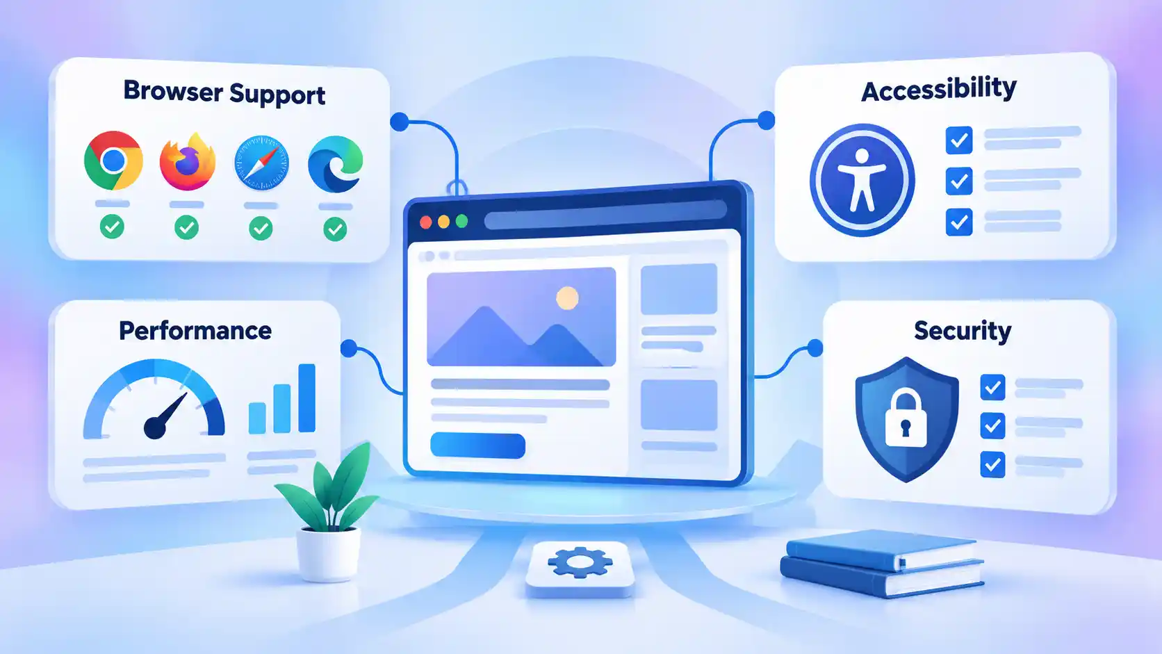 Web feature dashboard linked to Browser Support, Accessibility, Performance and Security evaluation cards.