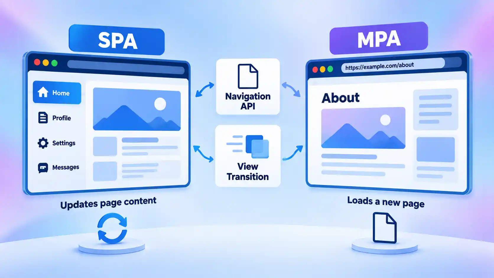 SPA and MPA browser views connected by Navigation API and View Transition cards, showing two navigation models.
