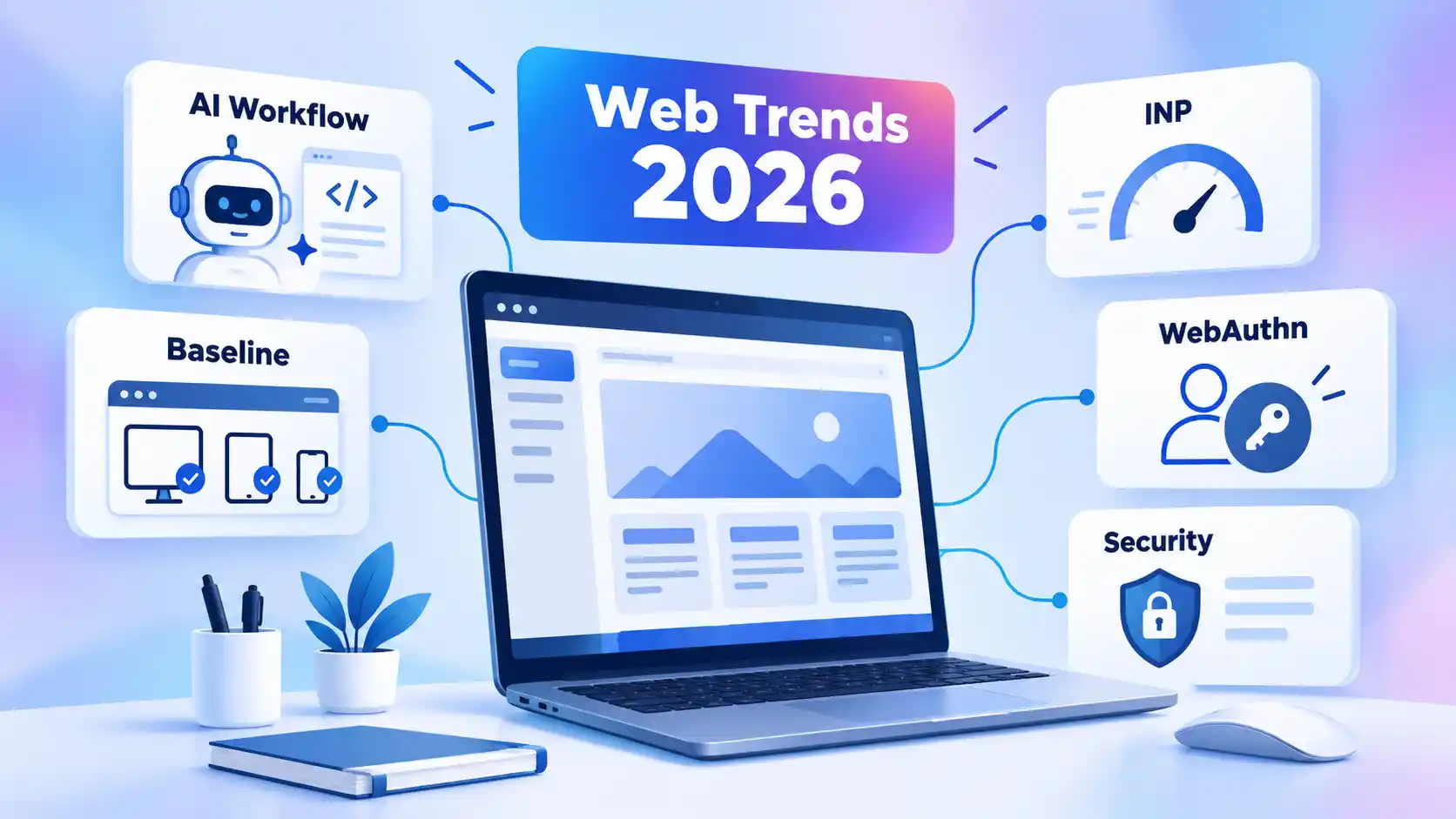Web Trends 2026 dashboard with AI Workflow, Baseline, INP, WebAuthn and Security cards around a laptop.