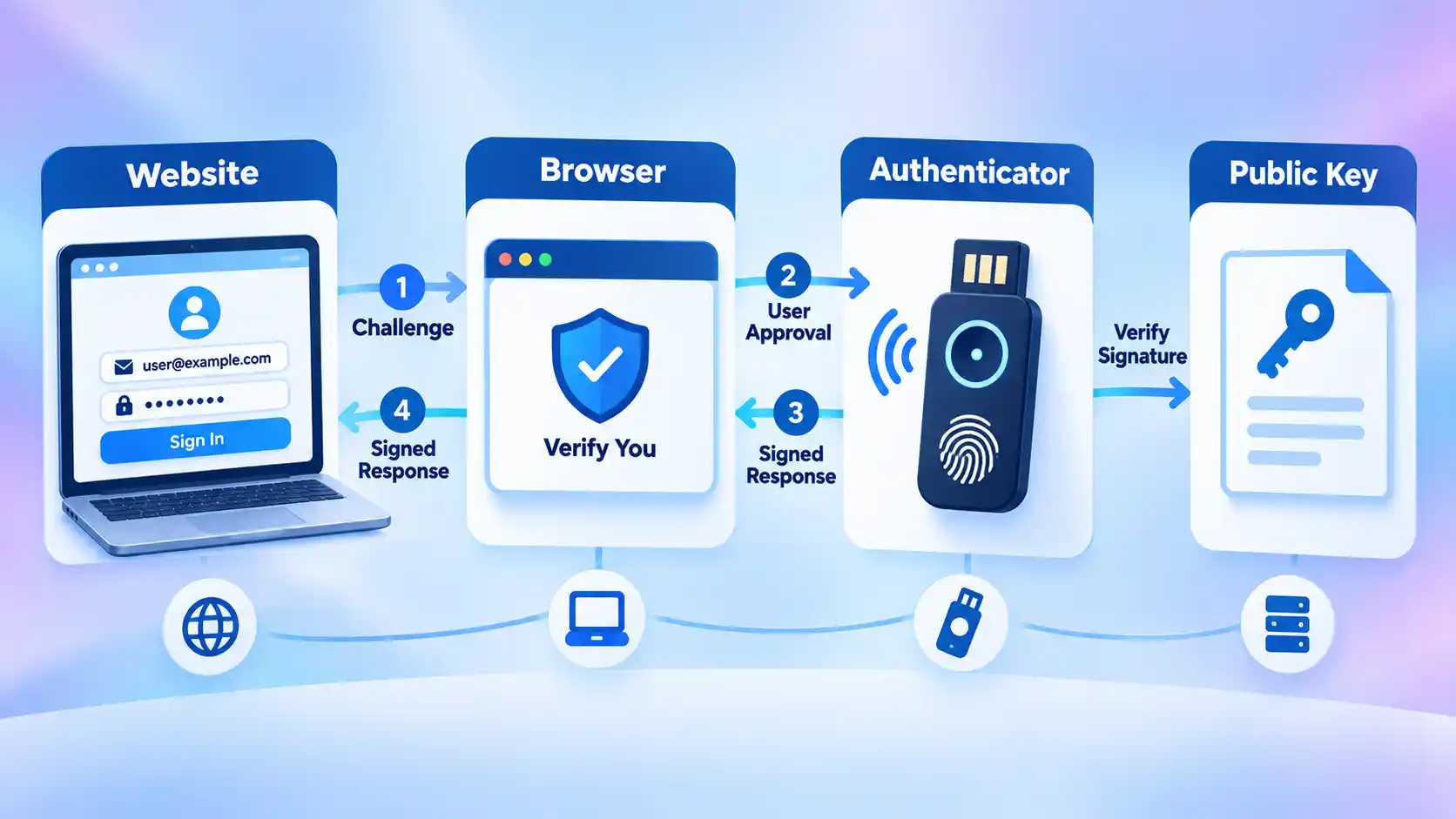 WebAuthn flow across Website, Browser, Authenticator and Public Key cards with numbered challenge and response steps.