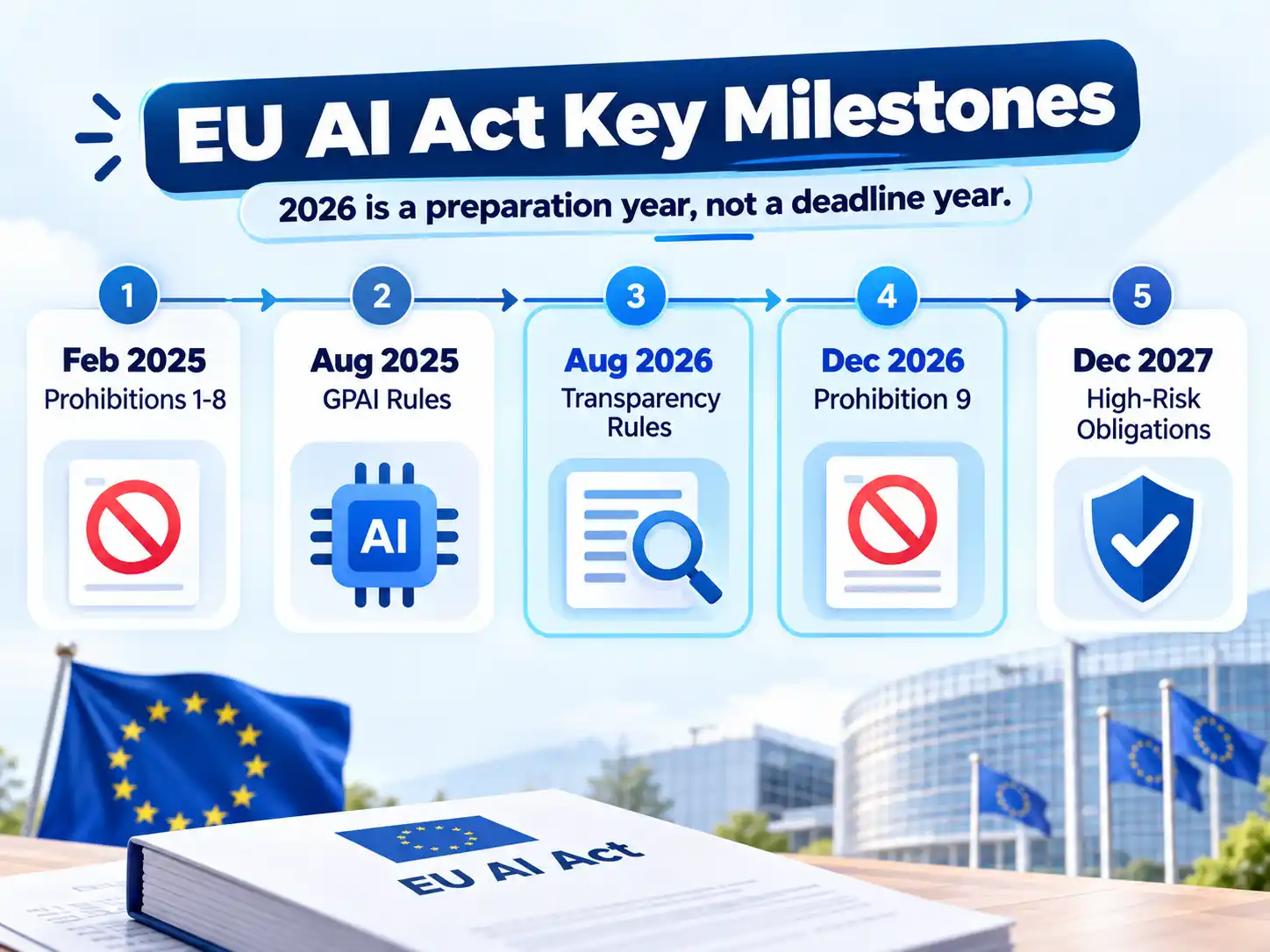 EU AI Act timeline showing five milestones from February 2025 prohibitions to December 2027 high-risk obligations.