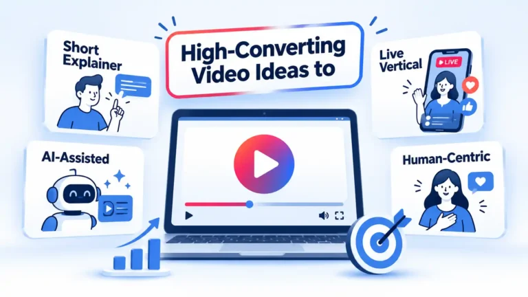 Four video ideasāShort Explainer, Live Vertical, AI-Assisted, and Human-Centricāsurround a video player.