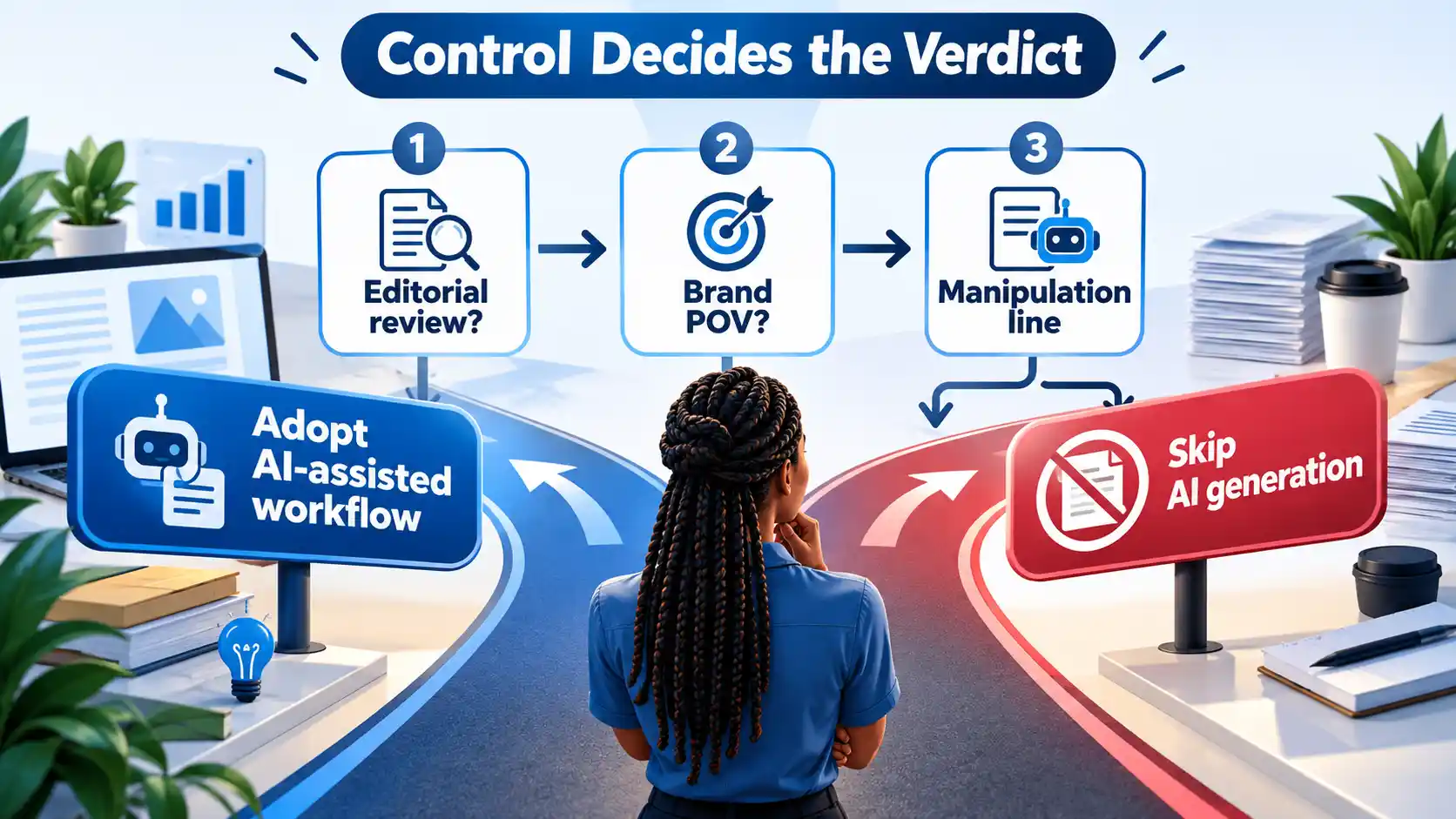 Woman at a fork between Adopt AI-assisted workflow and Skip AI generation, beneath three numbered editorial checkpoints.