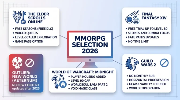 Hub and spoke diagram for MMORPG SELECTION 2026. A central screen points to ESO, FFXIV, WOW, and GW2 cards. A 'DROPPED PICK: NEW WORLD' card sits to the side, outside the main hub.