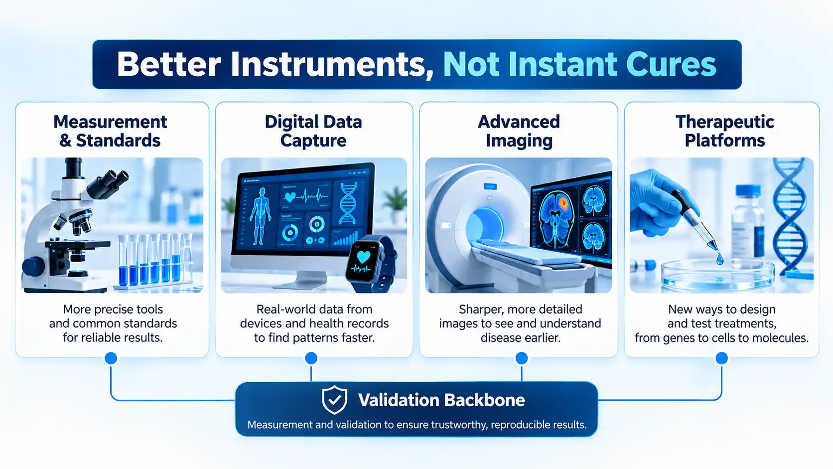 Four medical research technology cards linked to a validation backbone, under “Better Instruments, Not Instant Cures.”