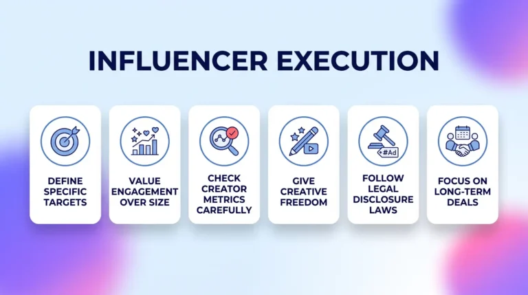 A clean, 6-step diagram titled "INFLUENCER EXECUTION" against a modern mesh gradient. It details defining targets, valuing engagement, vetting creators, giving freedom, legal compliance, and long-term deals using rounded white cards and thin-stroke icons.