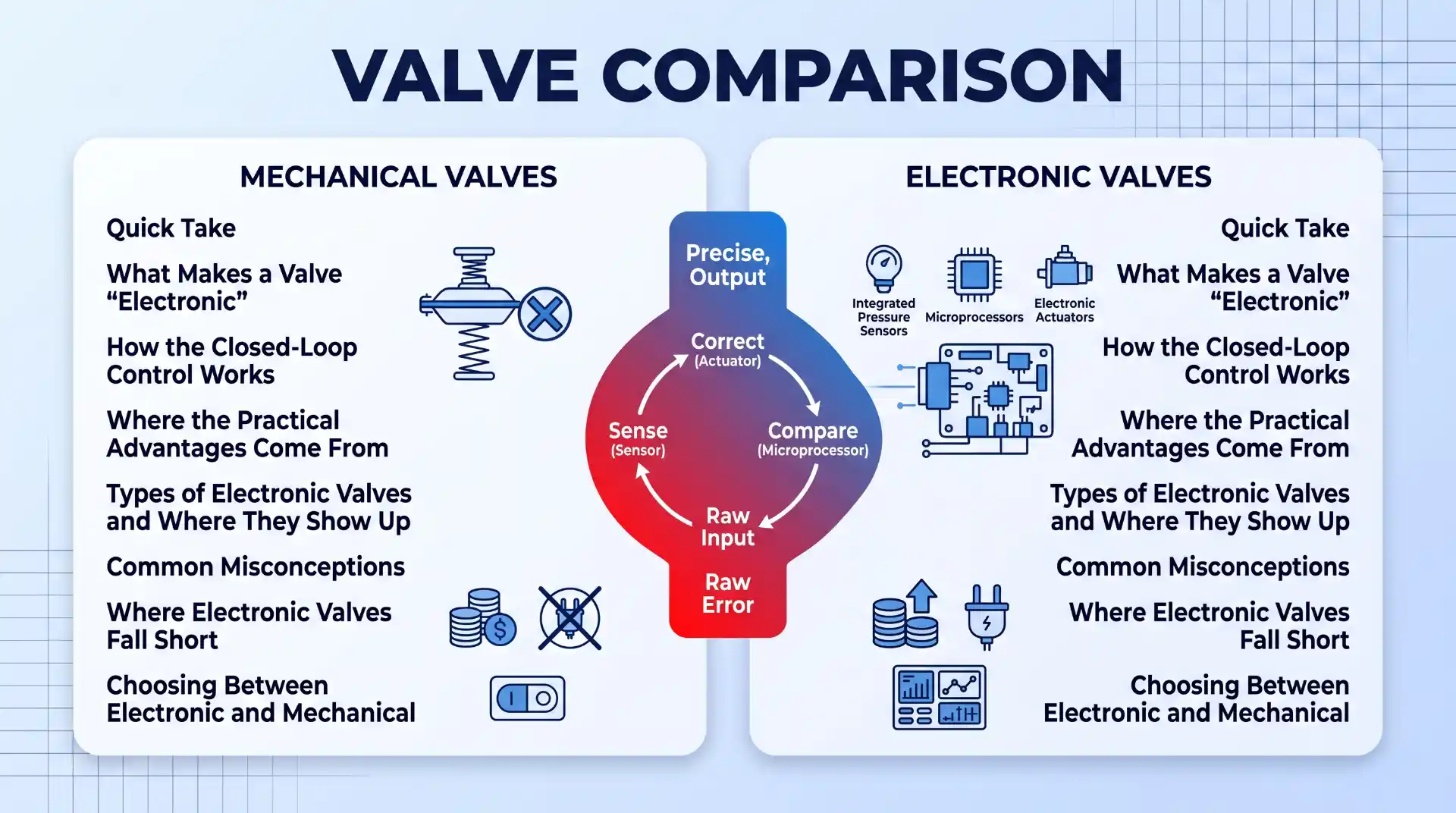A blog header infographic comparing mechanical and electronic valves, with side-by-side lists of article sections and illustrative icons for key components like sensors, microprocessors, and actuators, centered around a 'Sense, Compare, Correct' closed-loop diagram in a red-to-blue gradient.