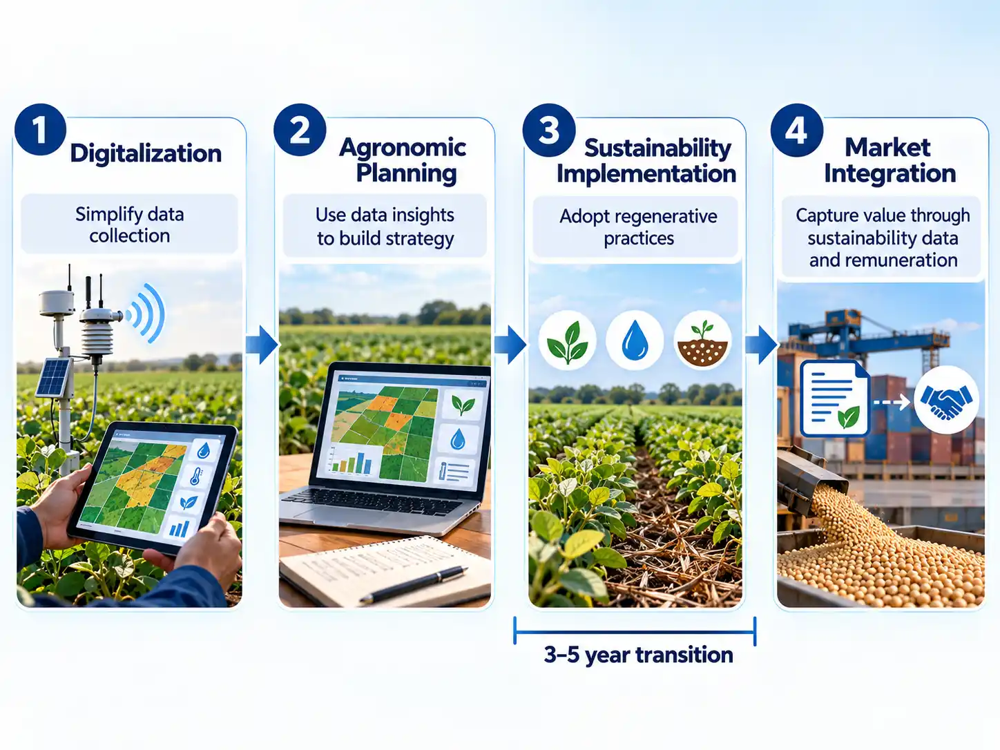 Four stages from Digitalization to Market Integration, with Agronomic Planning and a 3–5 year sustainability transition.