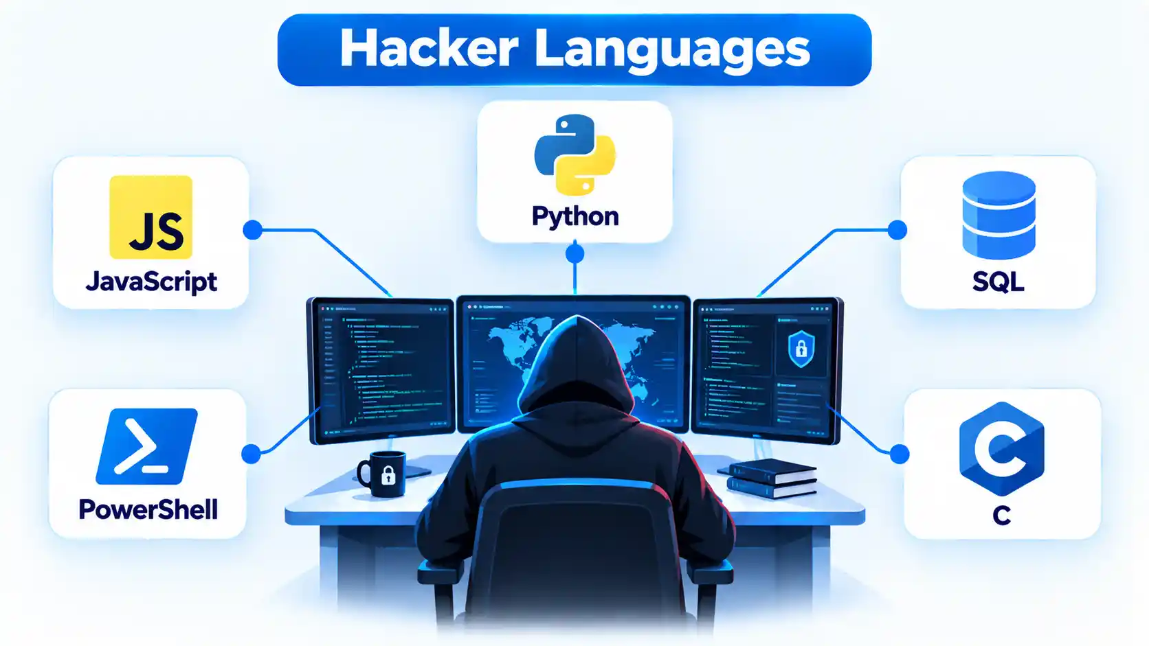 Hacker Languages workstation connects Python, JavaScript, SQL, PowerShell, and C cards.