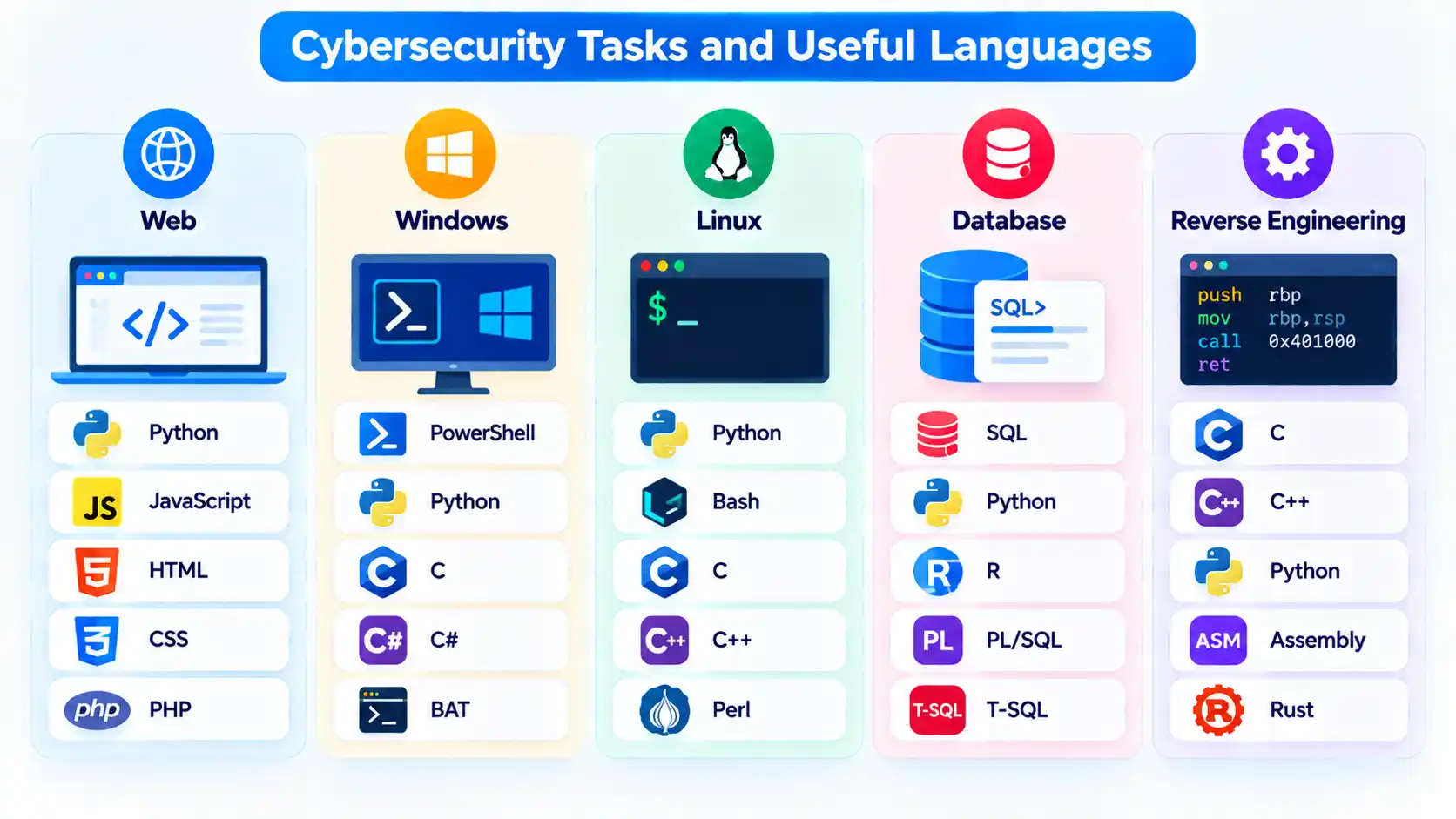 Web, Windows, Linux, Database, and Reverse Engineering panels map tasks to useful languages.