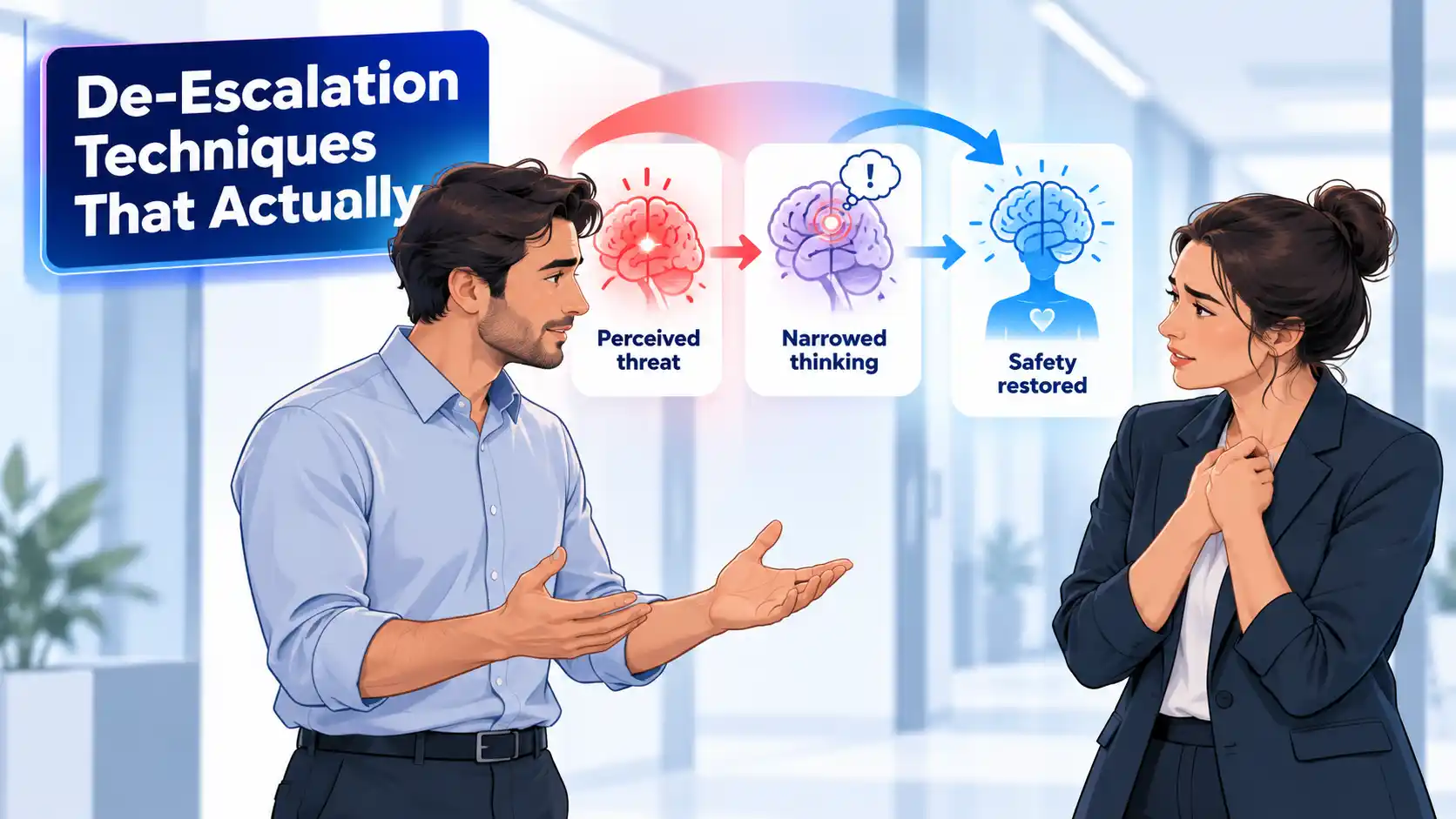 Two coworkers practice de-escalation, with brain diagrams showing perceived threat, narrowed thinking, and restored safety.