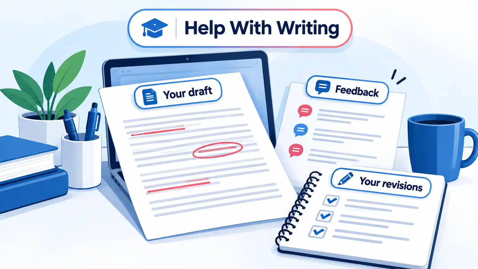Essay draft with feedback notes and revision checklist, labeled "Your draft," "Feedback," and "Your revisions."